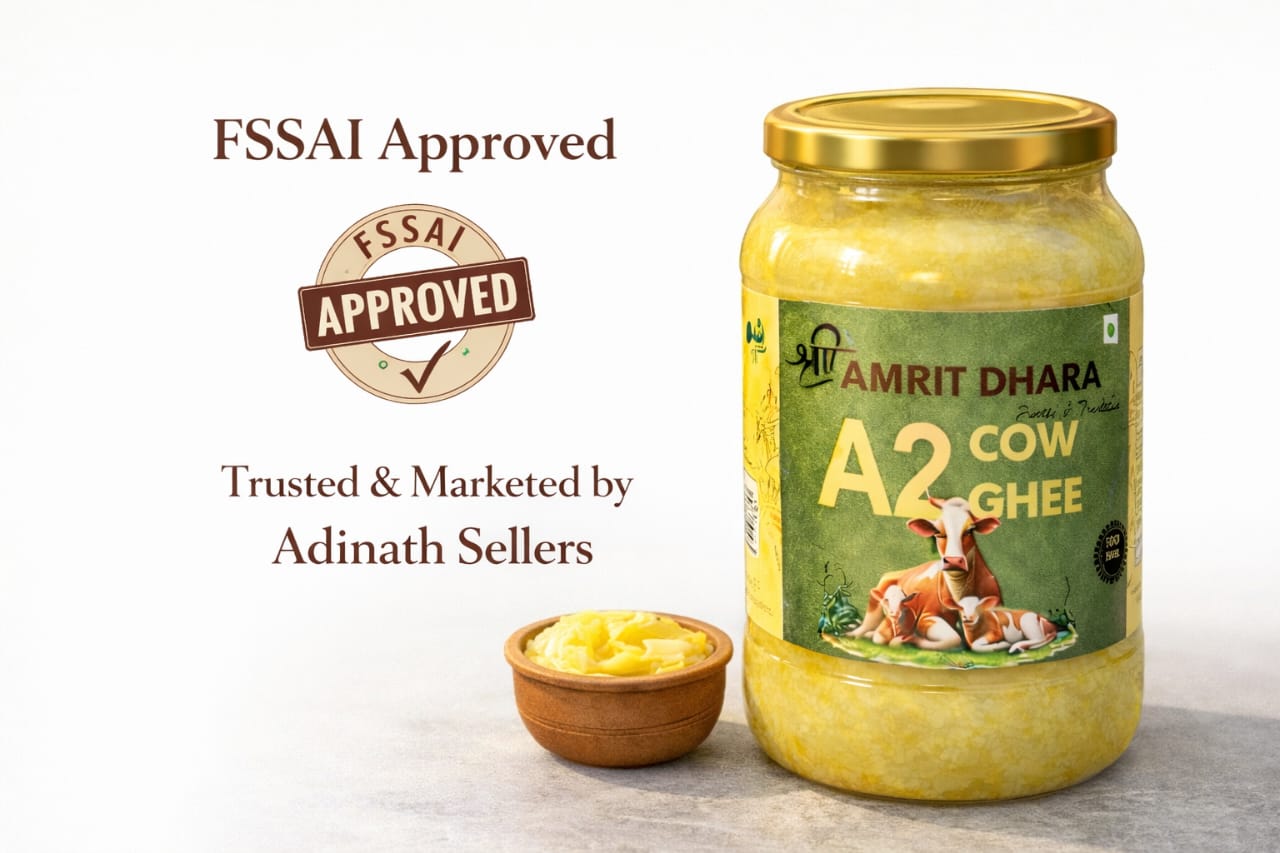 Shri Amrit Dhara A2 ghee jar with FSSAI certification label